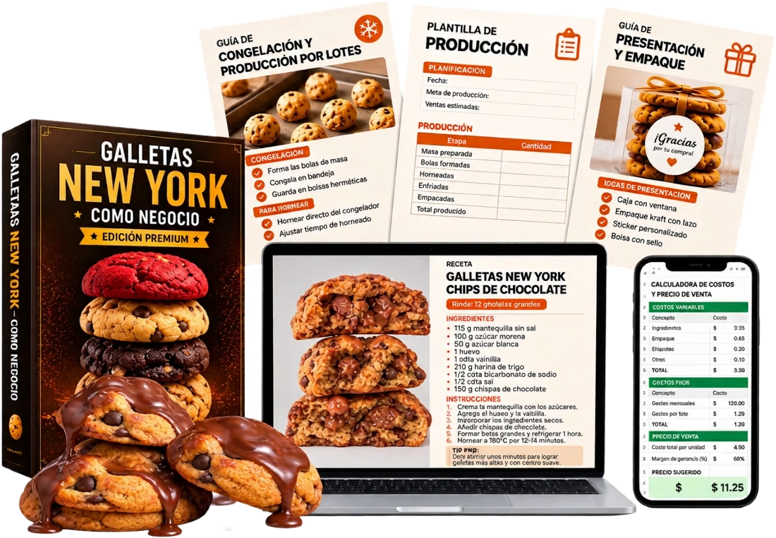 Recetario digital New York Cookies Edición Premium: libro y tablet mostrando la receta de chocolate chunk