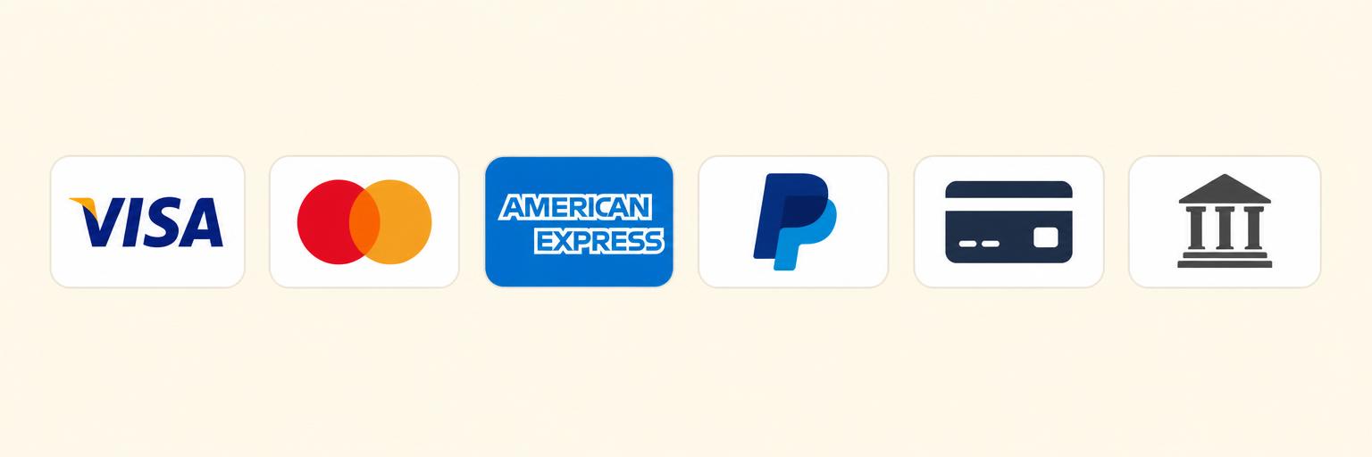 Métodos de pago disponibles: Visa, Mastercard, American Express, PayPal, tarjeta de crédito y transferencia bancaria